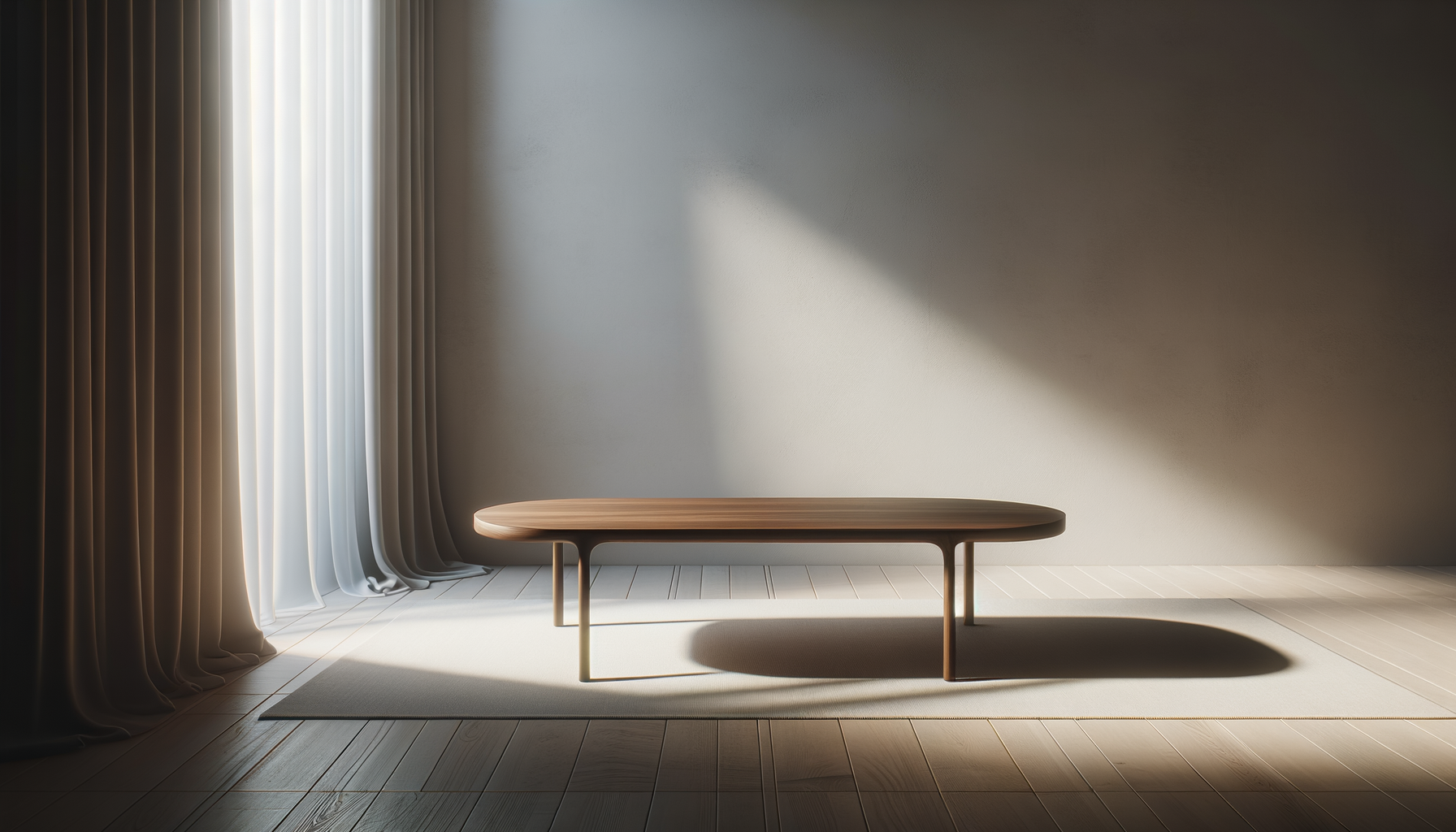 Minimalist interior with a low wooden coffee table on a light rug, sunlight streaming through sheer white curtains casting a shadow on a plain wall.