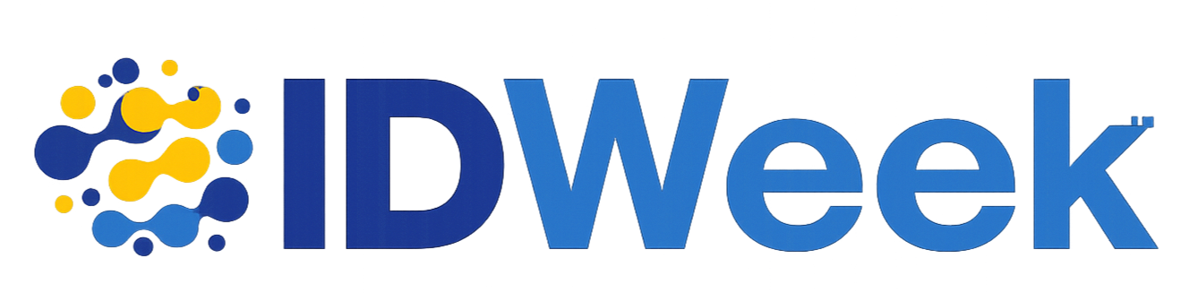Logo for IDWeek with a cluster of yellow and blue circles on the left and the text 'IDWeek' in bold blue letters.