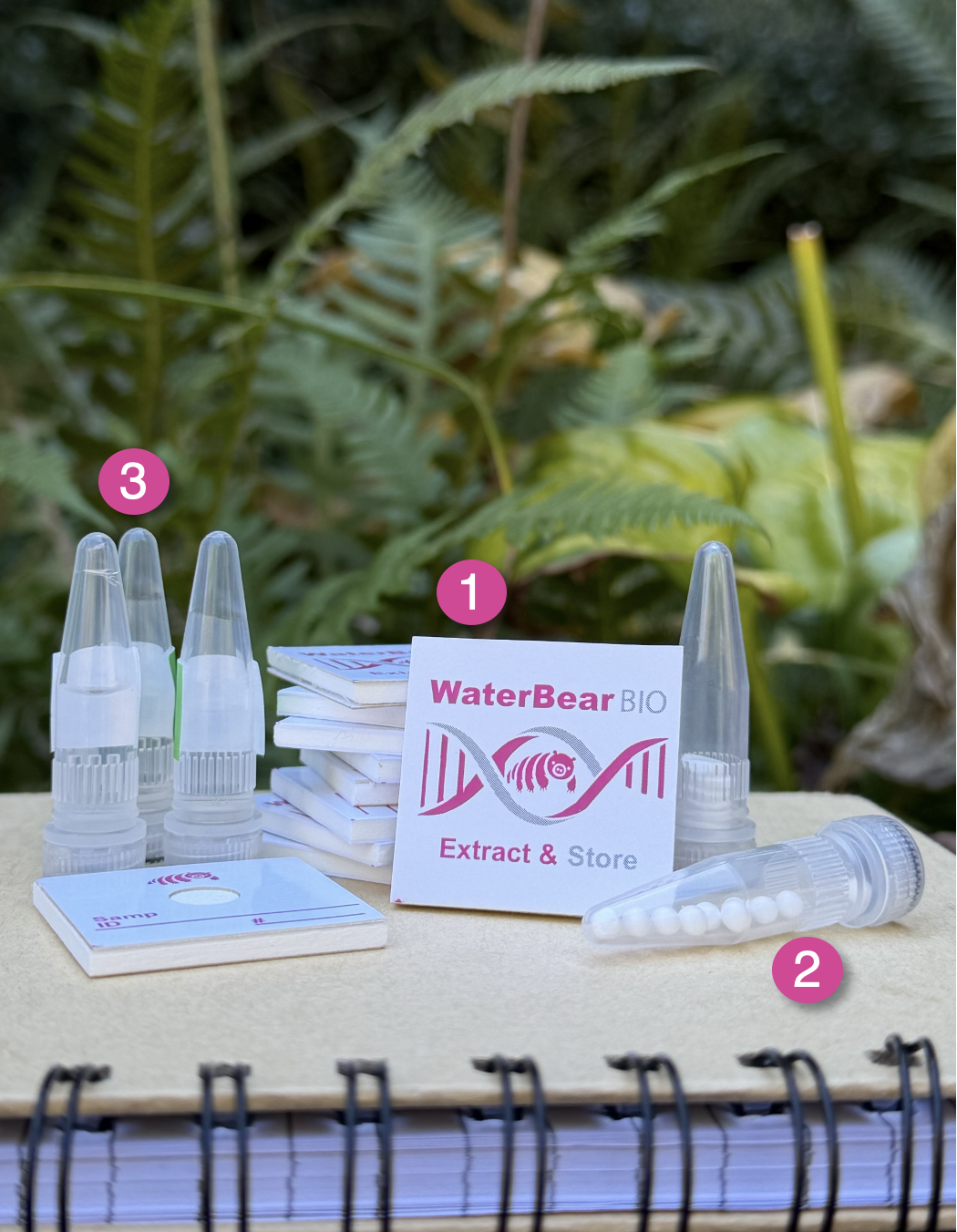 Plant research setup with labeled items including a stack of paper notes, labeled 'WaterBear BIO' extract and store, test tubes or vials, a box with tablets or pills, and a notepad, set outdoors in front of green foliage.