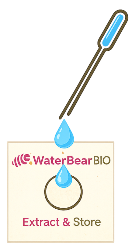 A glass pipette with a blue liquid drop above a label that reads 'WaterBearBIO' and 'Extract & Store'.