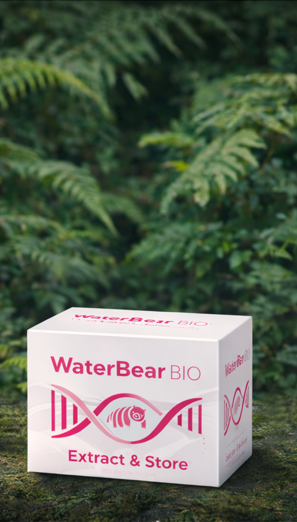 A white box with pink text reading 'WaterBear BIO Extract & Store' sits on a mossy surface with green ferns in the background.