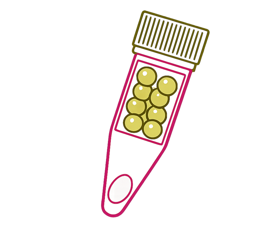 An overhead view of a pink container filled with round yellow fruits or vegetables, with a metallic grate on top.