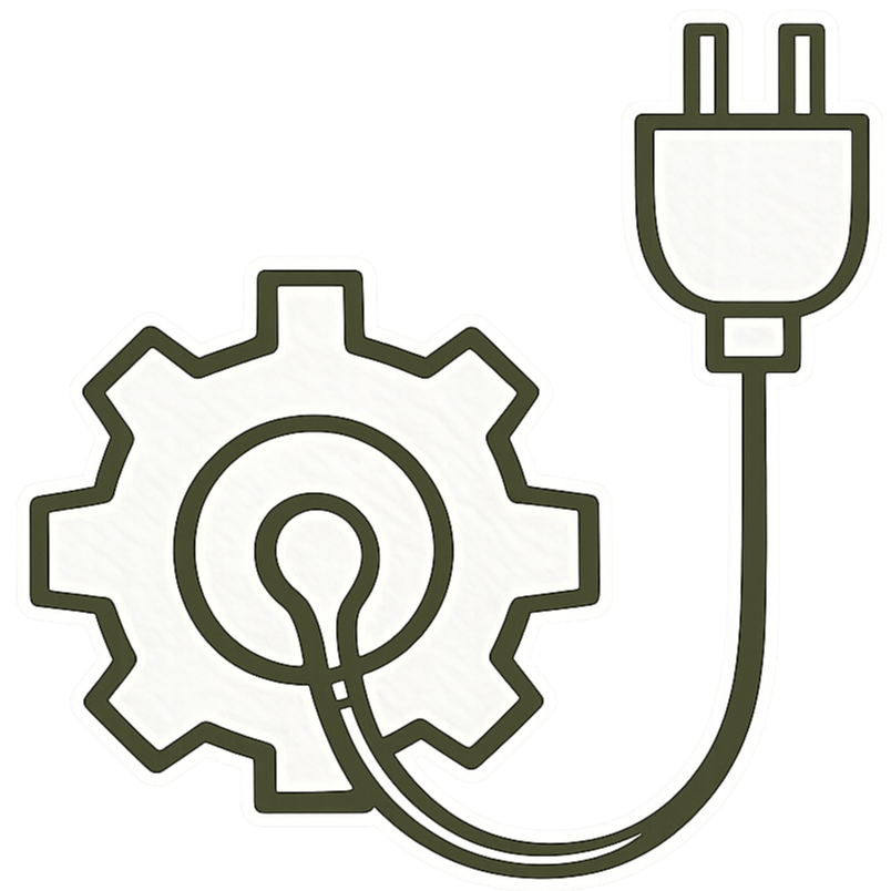 Gear icon connected to a power plug, representing electrical or technical connection.