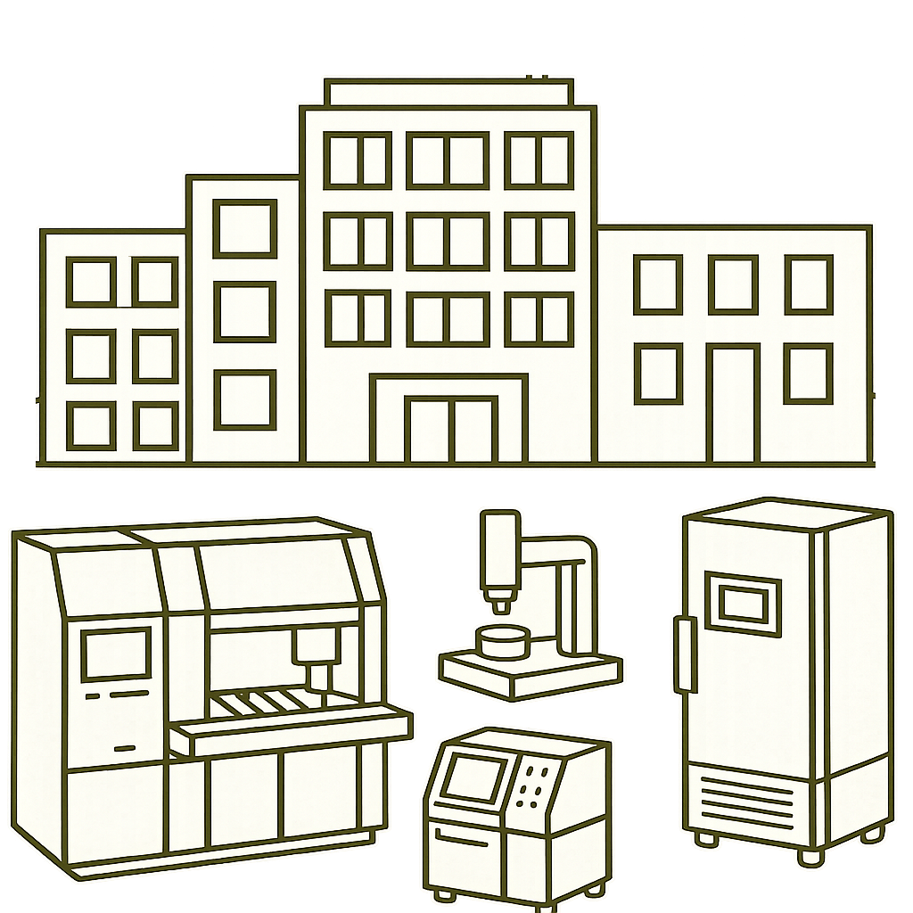 Line drawing of a large multi-story building and various laboratory equipment including a biosafety cabinet, a laboratory freezer, a centrifuge, and a microscope.