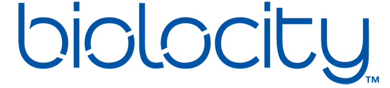 The word 'biocity' written in blue lowercase letters with a modern font.