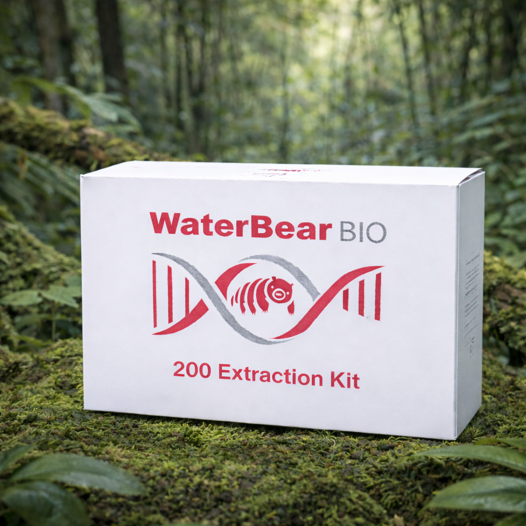 A white box labeled 'WaterBear BIO 200 Extraction Kit' sitting on moss in a forest.