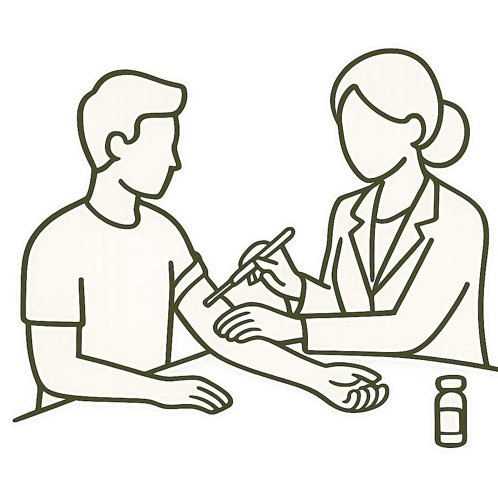Line drawing of a healthcare professional drawing a tattoo on a young patient’s arm at a clinic, with bottles of pills or supplements on the table.