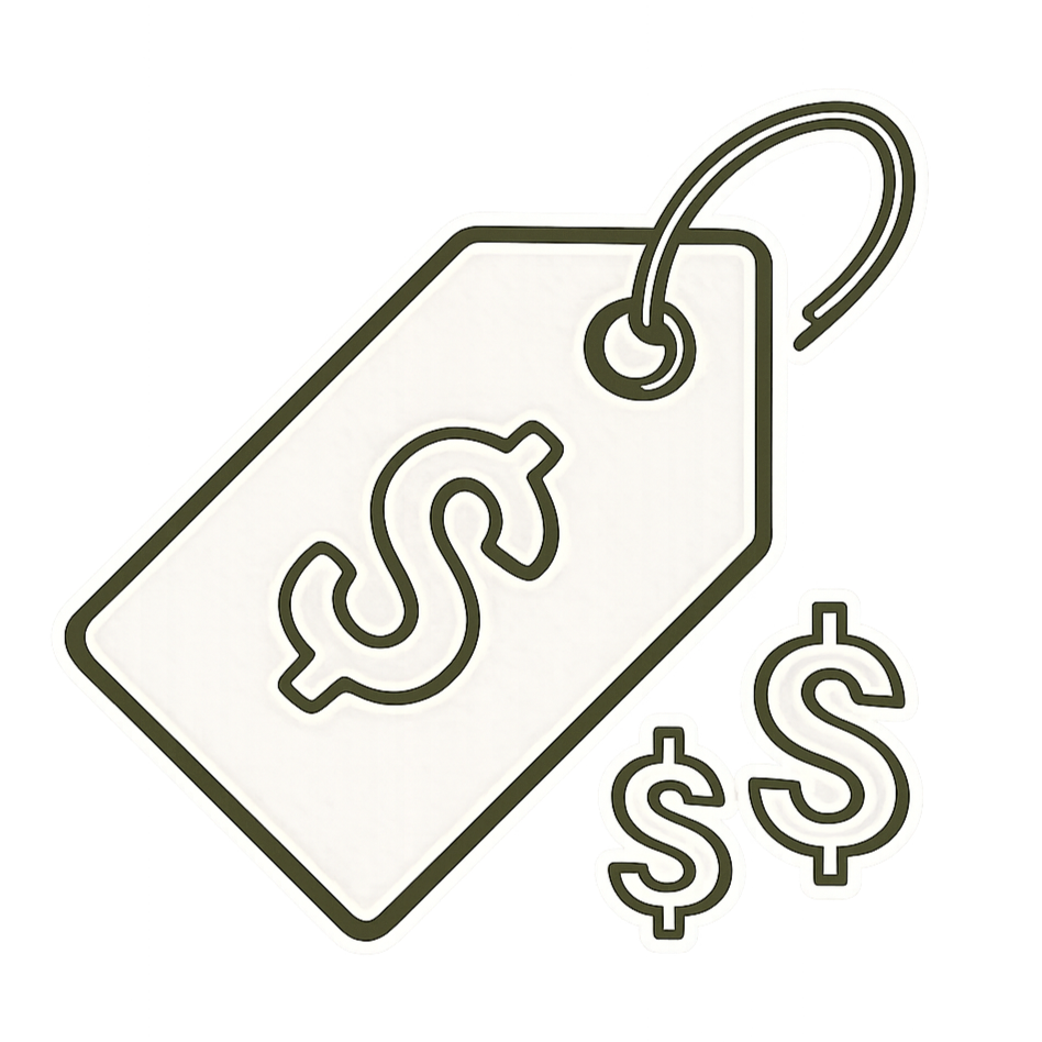 Illustration of a price tag with a dollar sign, accompanied by smaller dollar signs, representing cost or pricing.