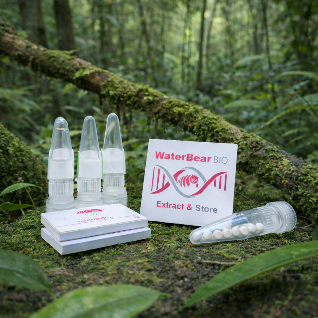 Science equipment including 3 small bottles with droppers, a stack of small paper cups, a container with white tablets, and a card with the text 'WaterBear BIO Extract & Store' on a mossy forest floor.