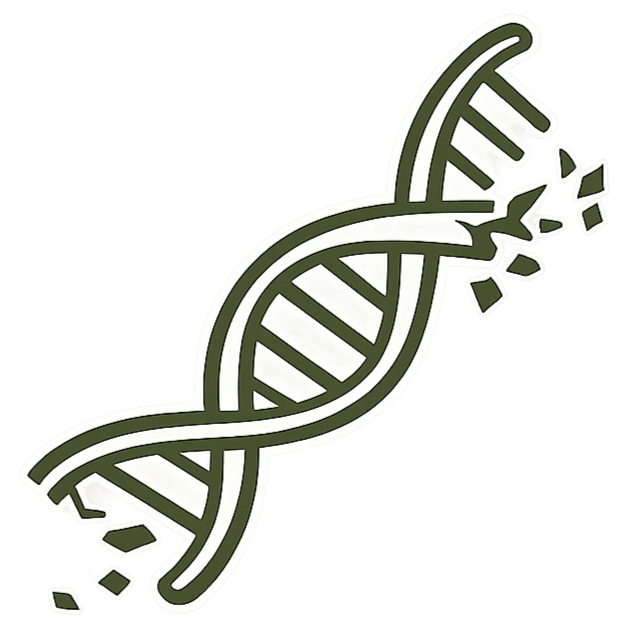 Broken DNA double helix with fragments flying apart.