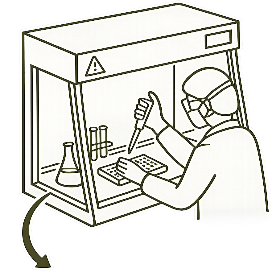 A scientist working in a laboratory fume hood wearing safety goggles and a mask, using a pipette to transfer liquid into a test tube.