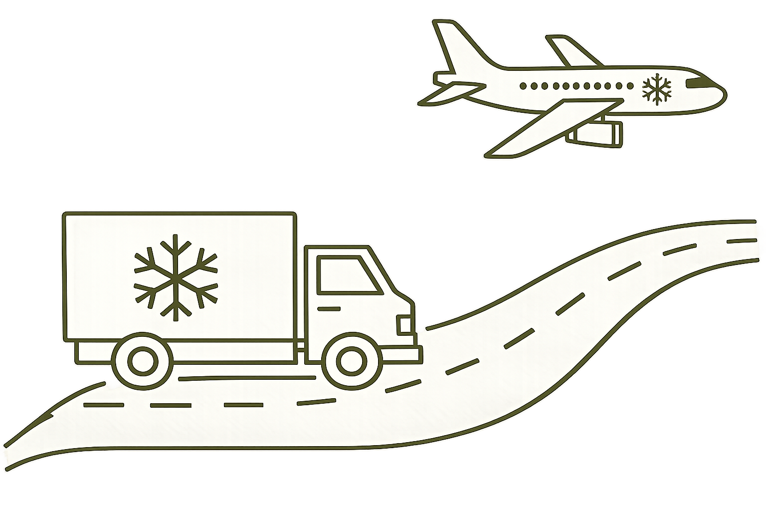 Line drawing of a delivery truck with a snowflake symbol on its side, traveling on a curved road, with an airplane flying above and a snowflake symbol on its body.