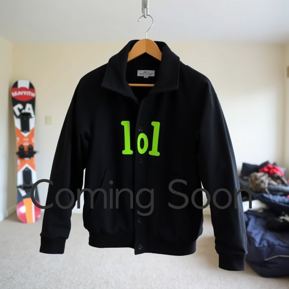 A black jacket hanging on a wooden hanger from a ceiling hook in a room. The jacket has the word "lol" written in bright green letters across the front. In the background, there is a snowboard leaning against the wall and a bed with clothes on it.