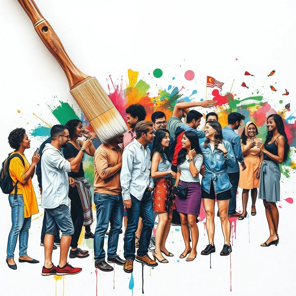 A group of diverse young people standing together in front of a colorful paint splash background, with some taking photos and chatting, and a large paintbrush positioned above them.