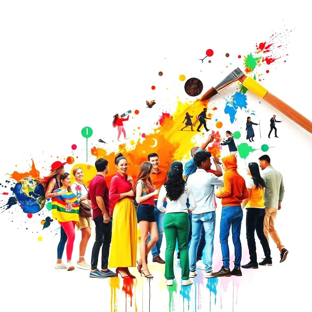 A diverse group of people celebrating a colorful event with paint splashes, a globe, and artistic elements in the background