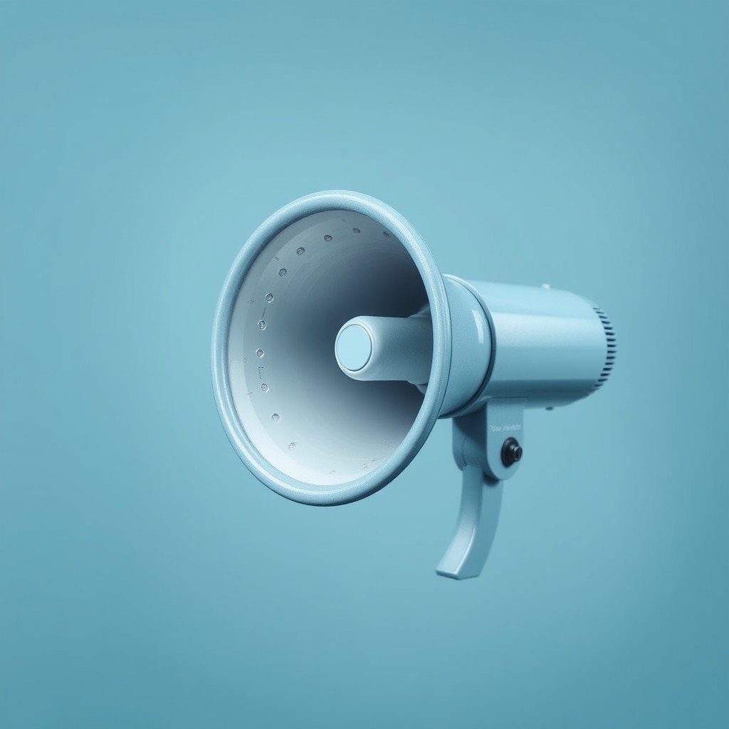 A light blue handheld megaphone against a light blue background.