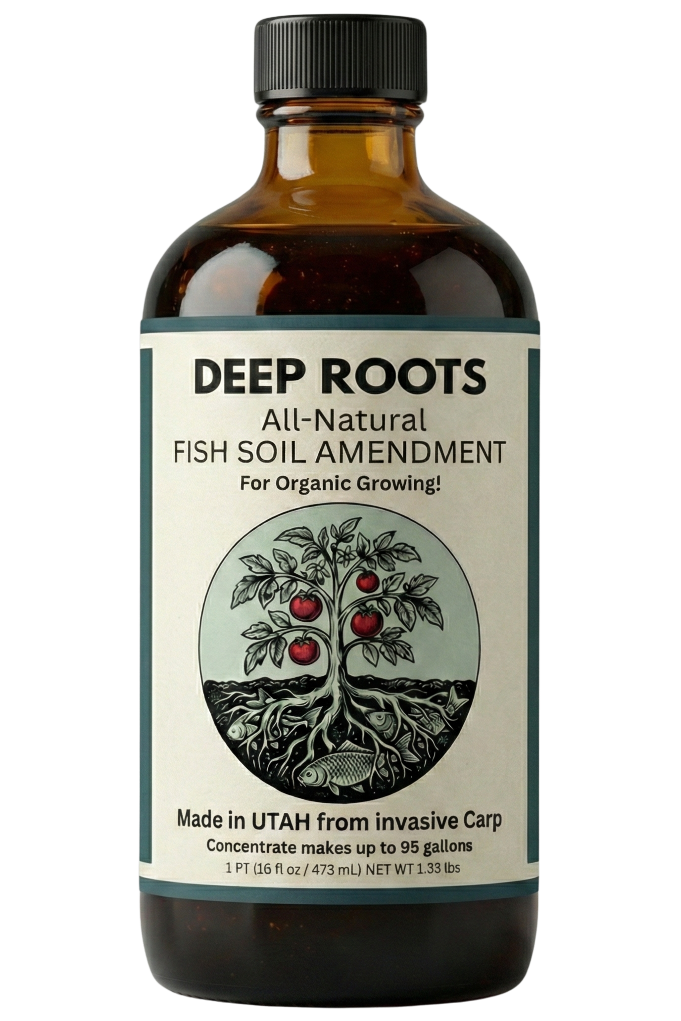 Bottle of Deep Roots Fish Soil Amendment, an all-natural product made in Utah from invasive carp, with a label showing a tree with roots and apples, indicating it is for organic growing. Produced in Salt Lake City Utah and Orem Utah by Deep Roots