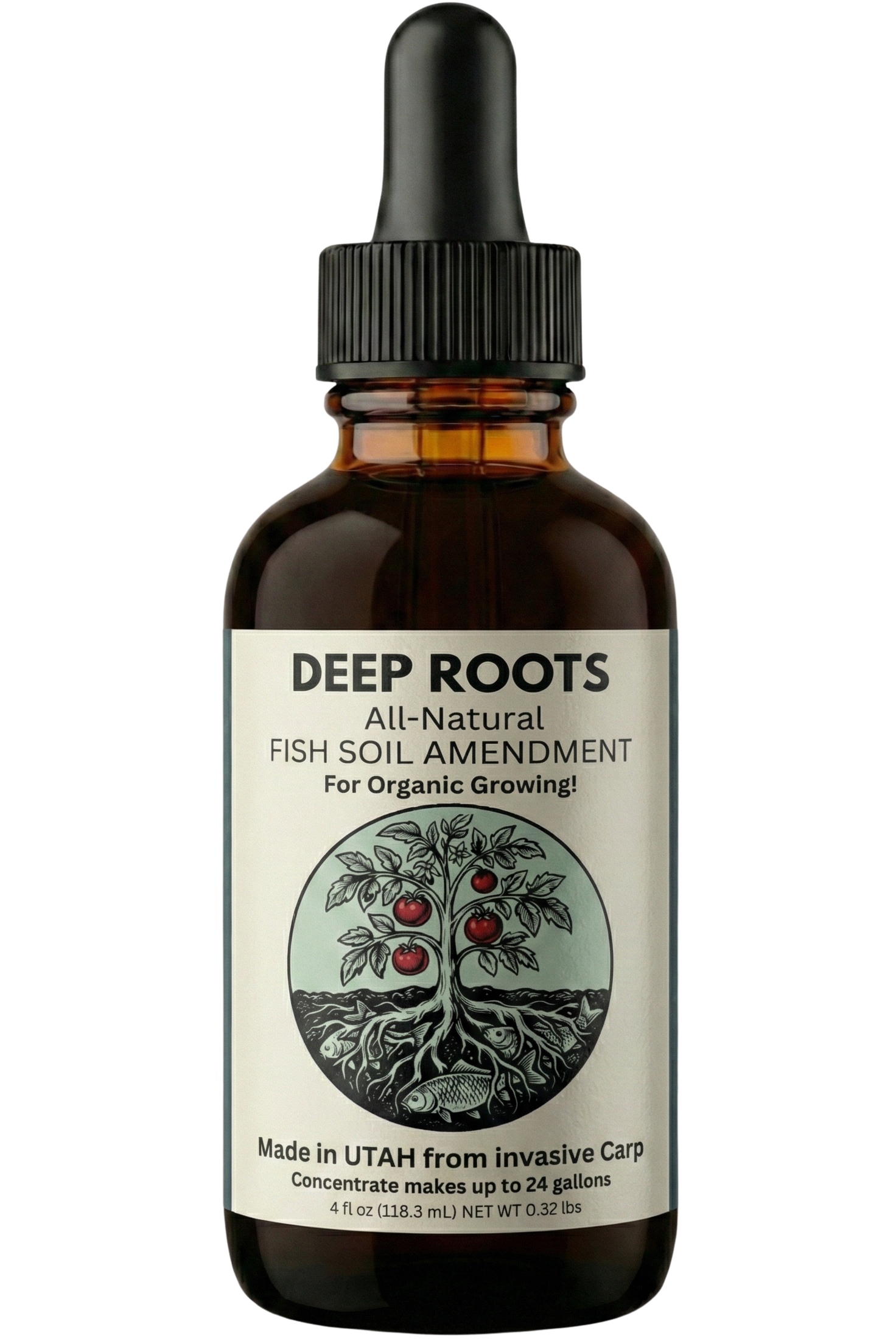 Bottle of Deep Roots Fish Soil Amendment, an all-natural product made in Utah from invasive carp, with a label showing a tree with roots and apples, indicating it is for organic growing. Produced in Salt Lake City Utah and Orem Utah by Deep Roots