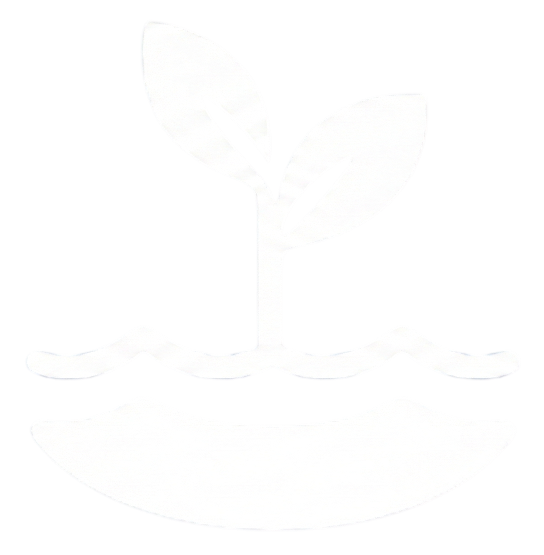 White stylized plant logo with a stem, two leaves, and a flower, set against a black background.
