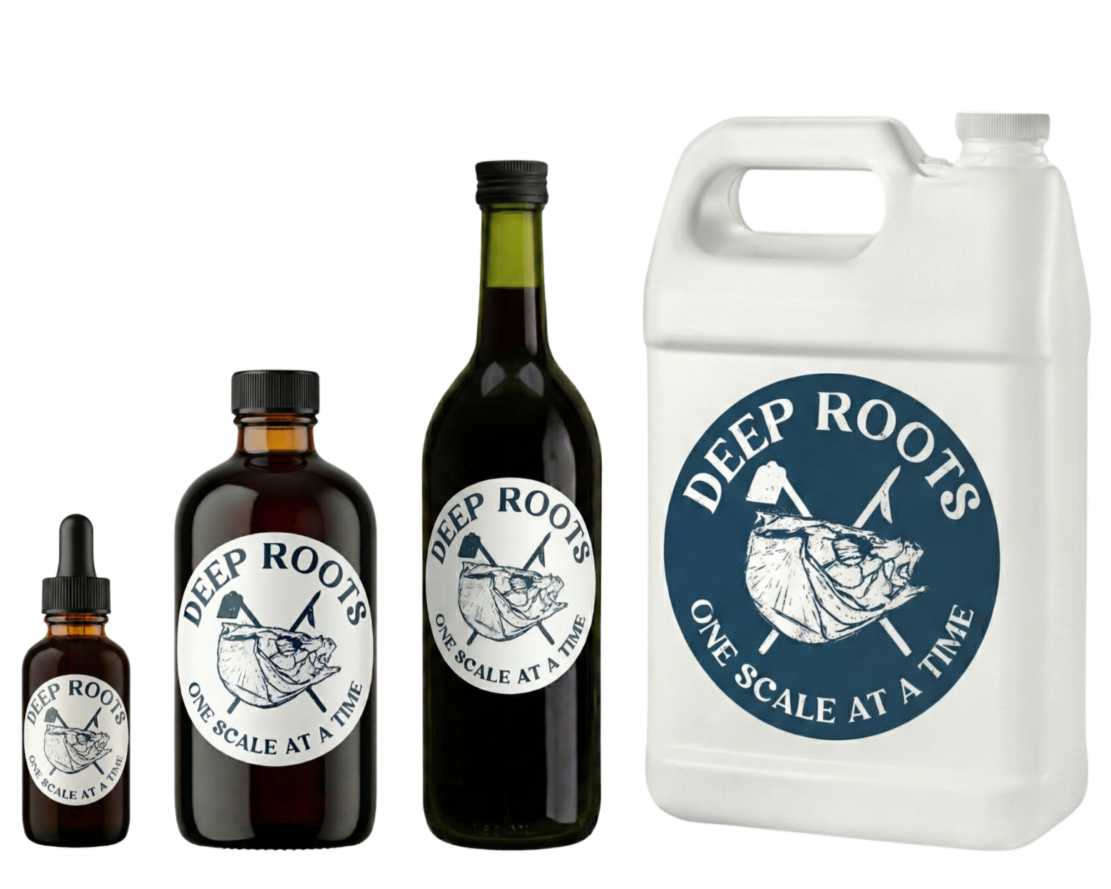 Four bottles and a jug with "Deep Roots" logo and the slogan "One Scale at a Time" on white labels, arranged from smallest to largest.