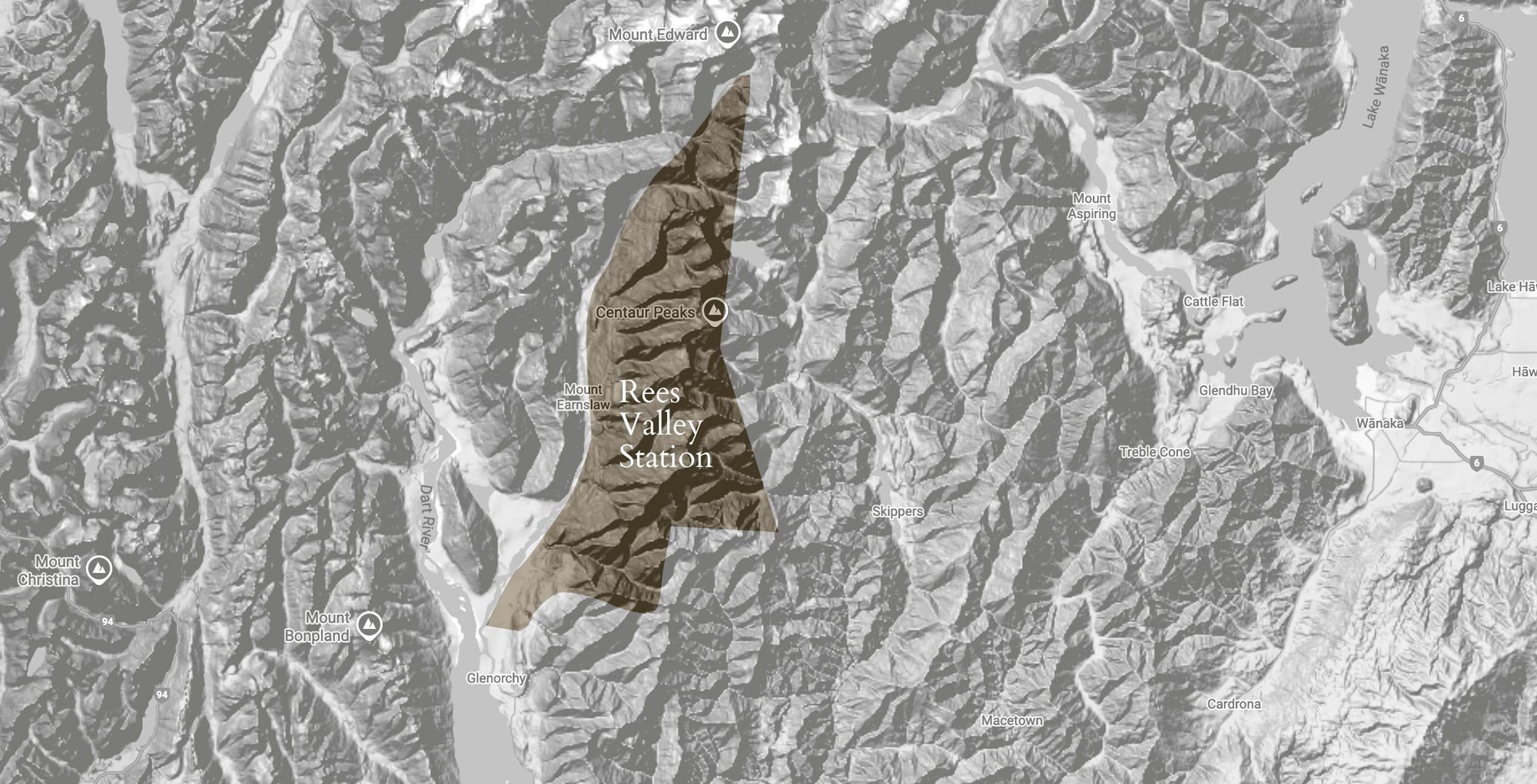 Map showing Rees Valley Station and surrounding mountains.