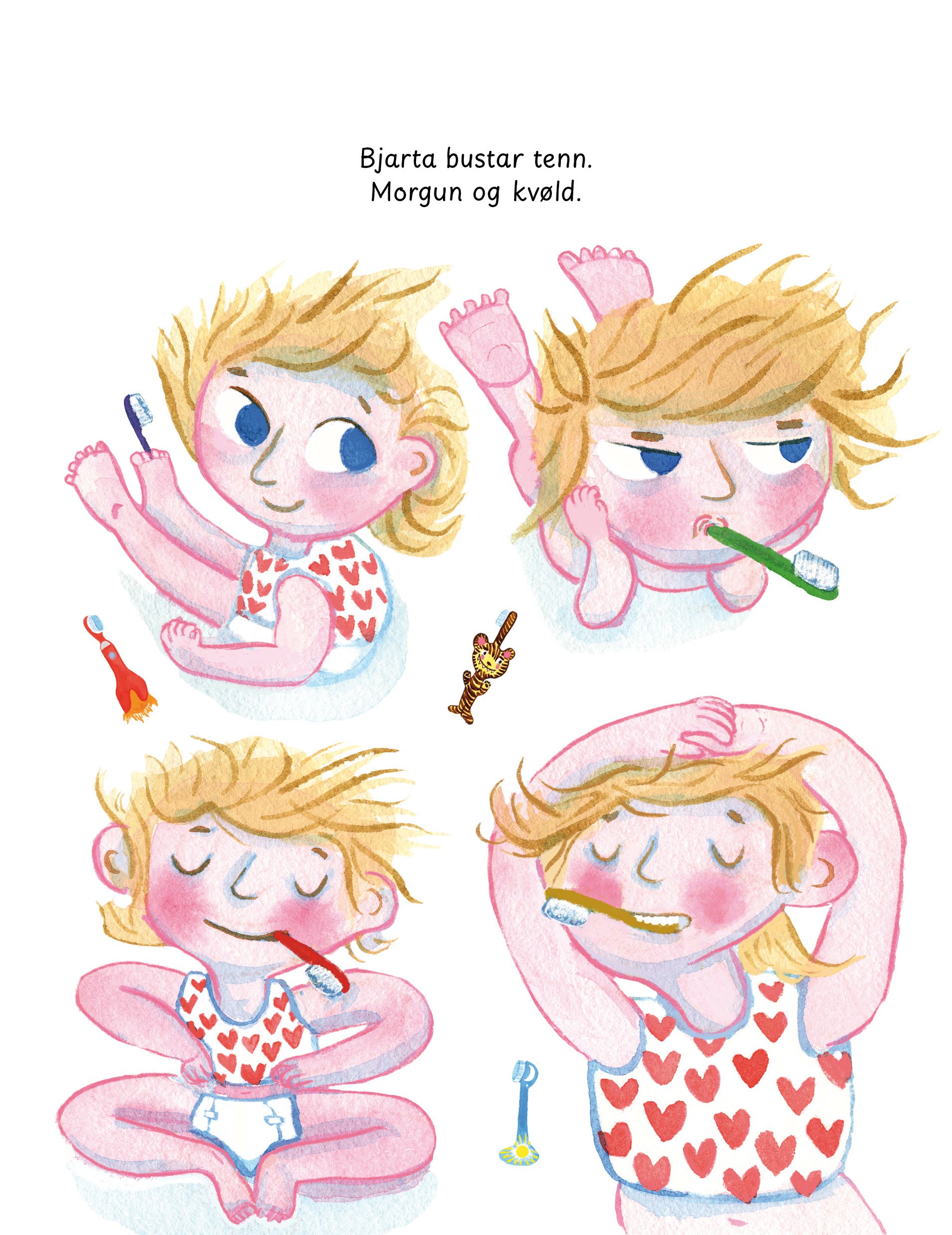 A series of illustrations of a girl with blonde hair, shown engaged in morning and night routines including brushing teeth, and applying toothpaste, in various poses with a red heart patterned top.