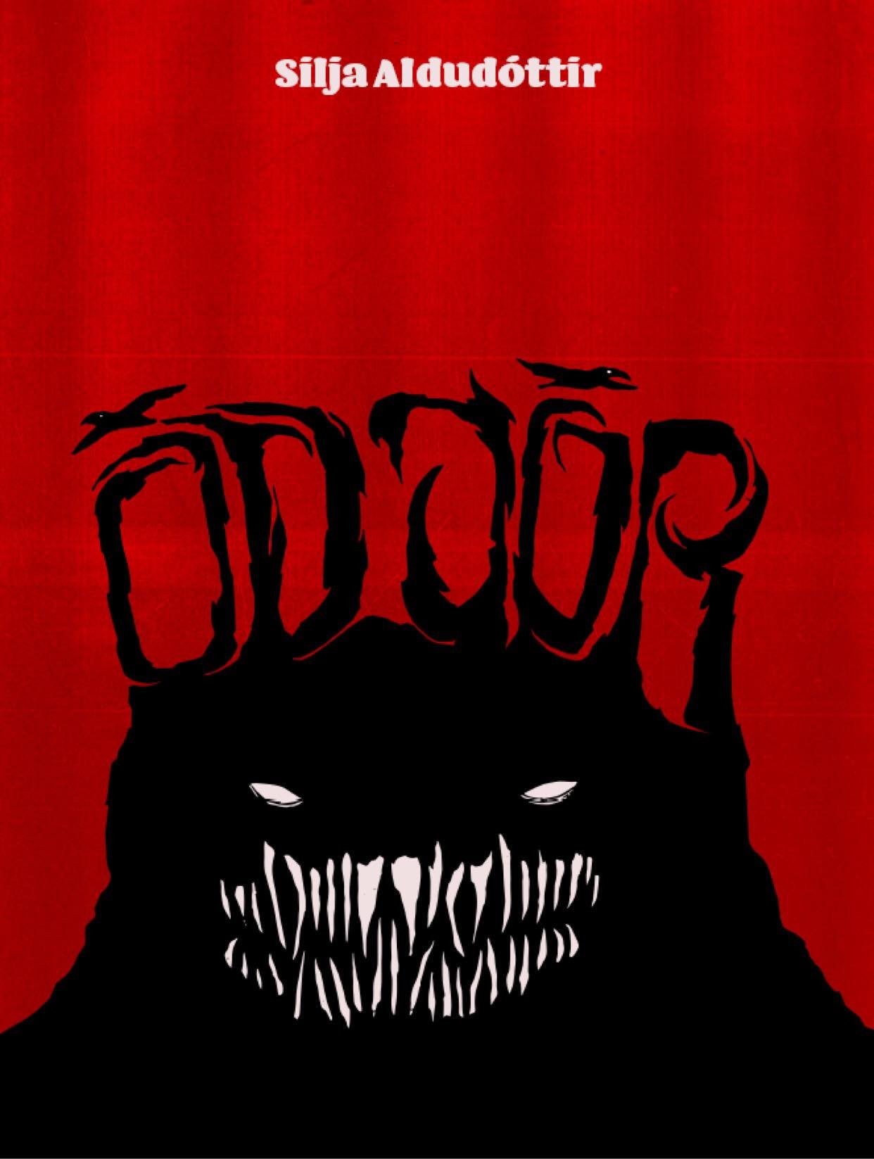 Book cover with a red background, black monstrous face with glowing eyes and sharp teeth, and the title "Doom" written in jagged black letters at the top.