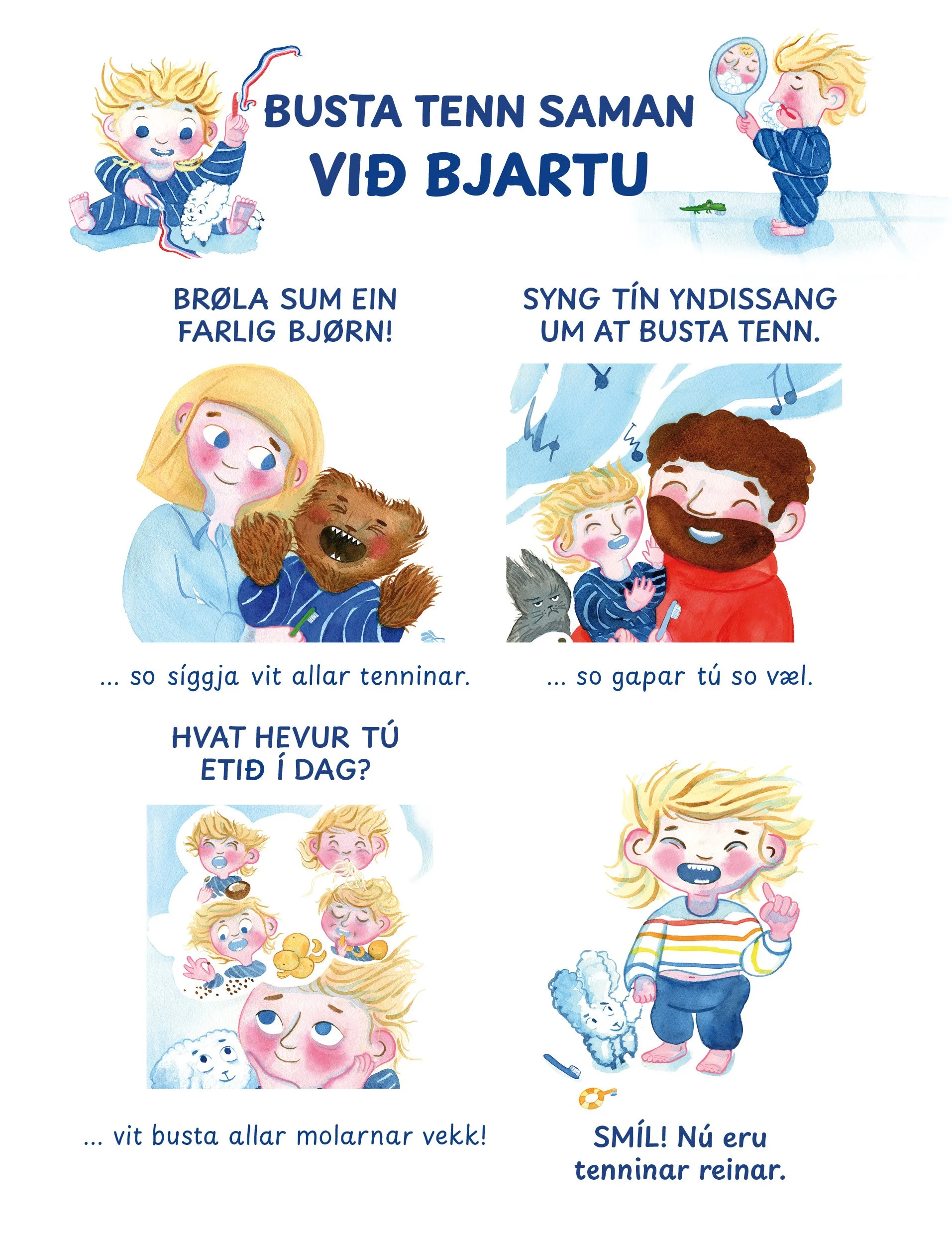 Children brushing teeth, singing, and playing with a dog, with the final image of a smiling child and a dog after brushing teeth.