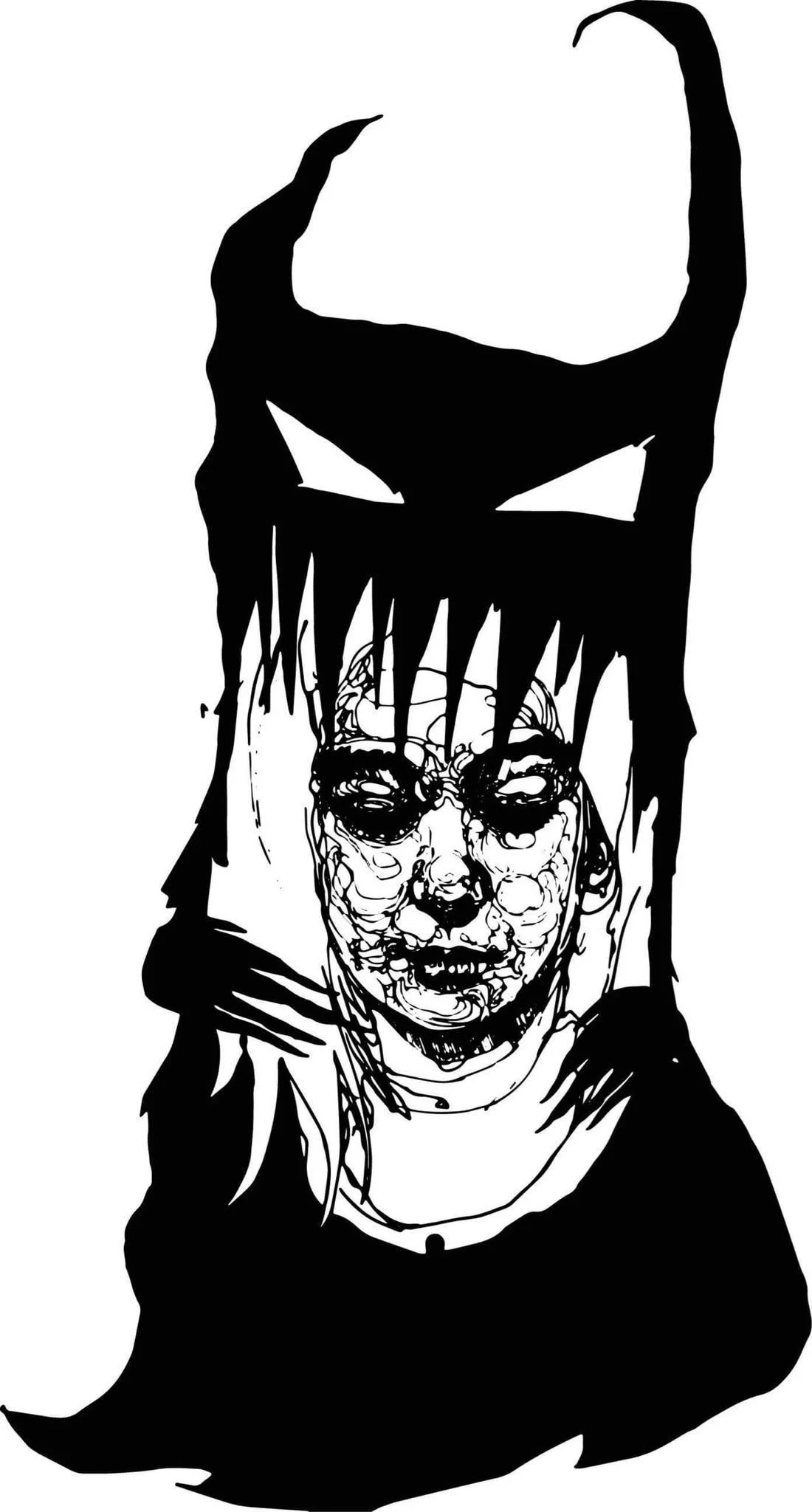 Black and white illustration of a distorted face with exaggerated features, appears to be grotesque or horror-themed.