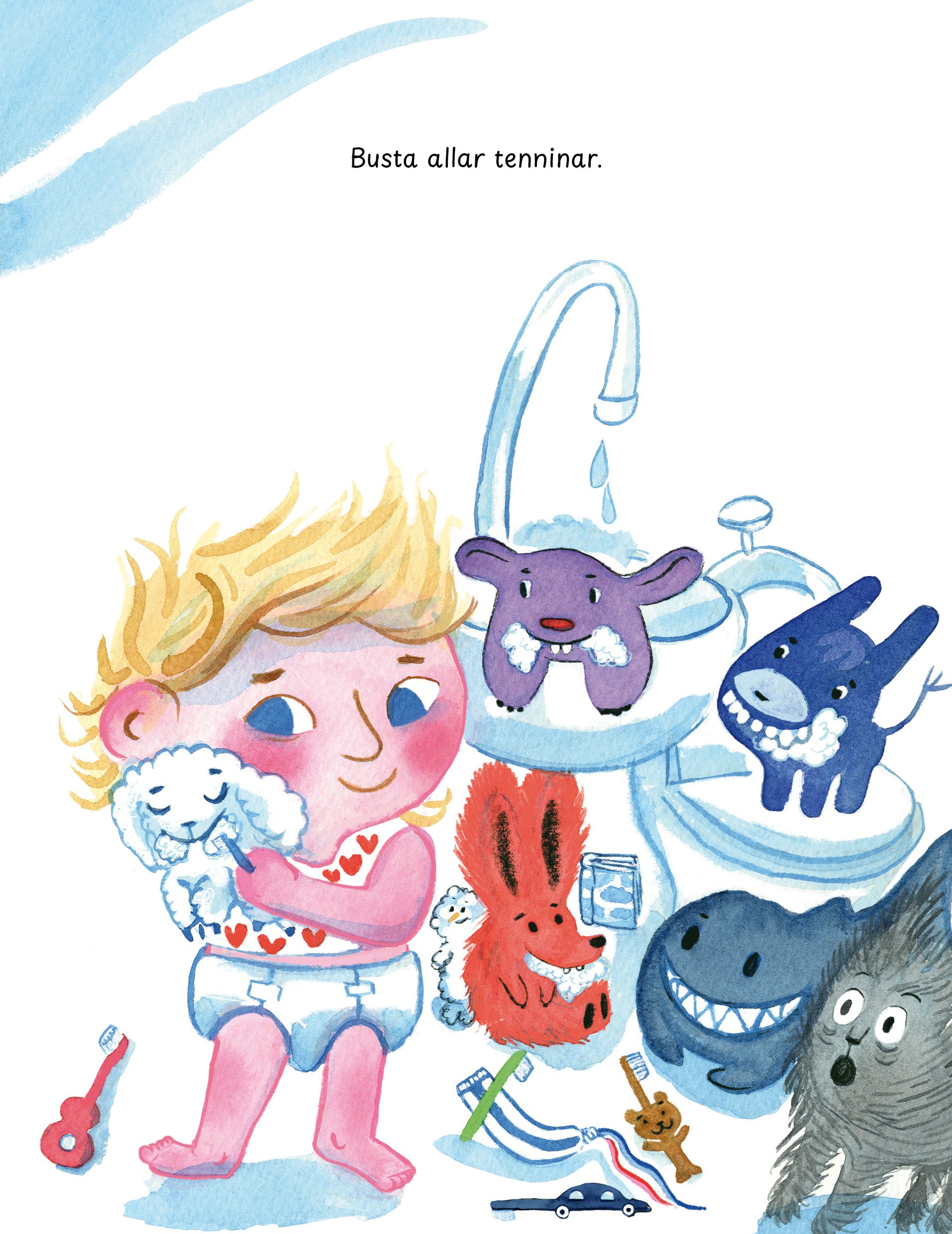 A young girl with blonde hair brushing her teeth in a bathroom with a bathroom sink. Surrounded by cartoon animals including a white dog, a red fox, a hippopotamus, a black dog, a purple animal, a blue animal, a brown bear, and a gray furry animal. The girl is smiling, and the scene is colorful and playful.