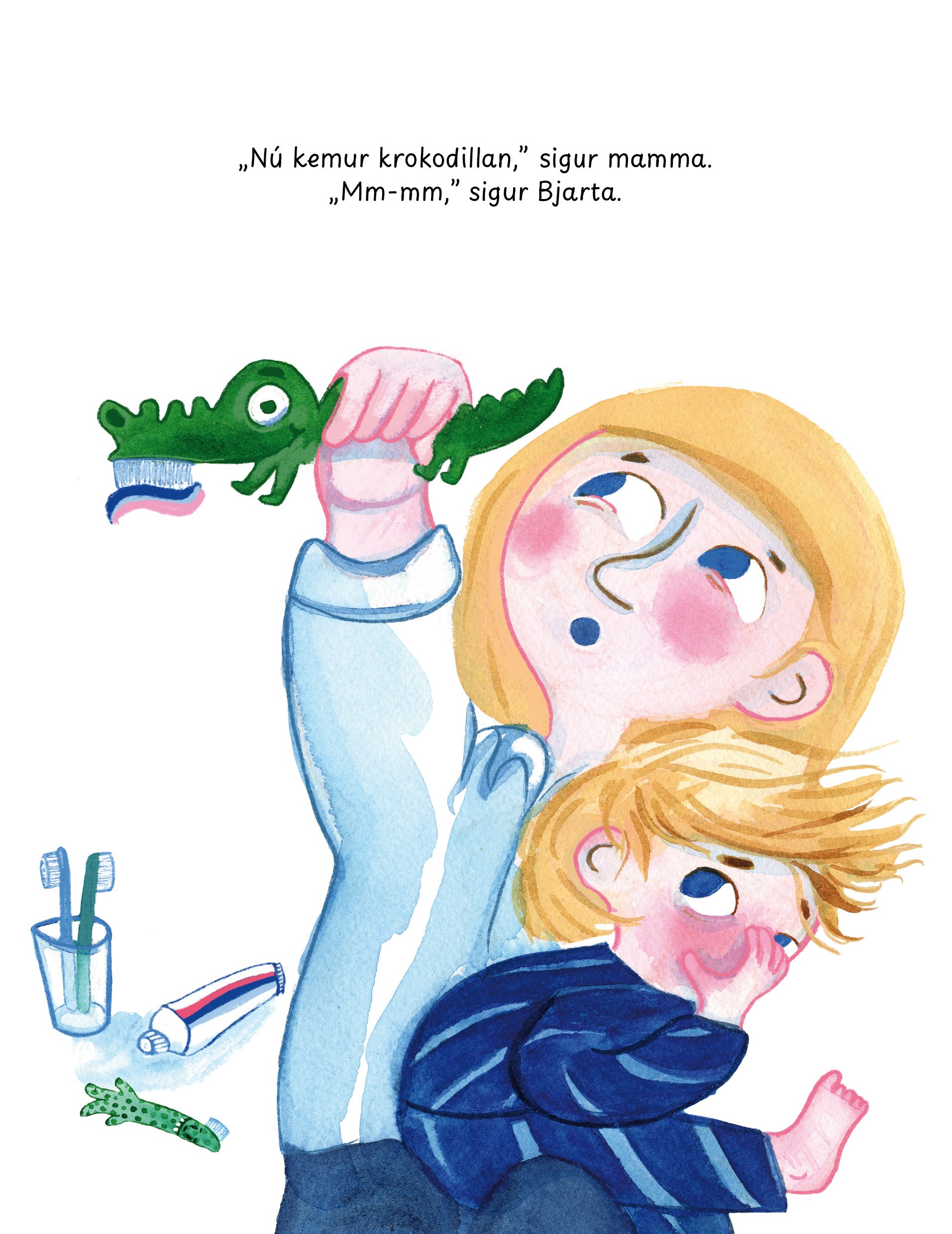An illustration of two children, one holding a small toy crocodile. The children have rosy cheeks and are looking up. There is a glass with toothbrushes, a tube of toothpaste, and a toy dinosaur on a surface nearby.