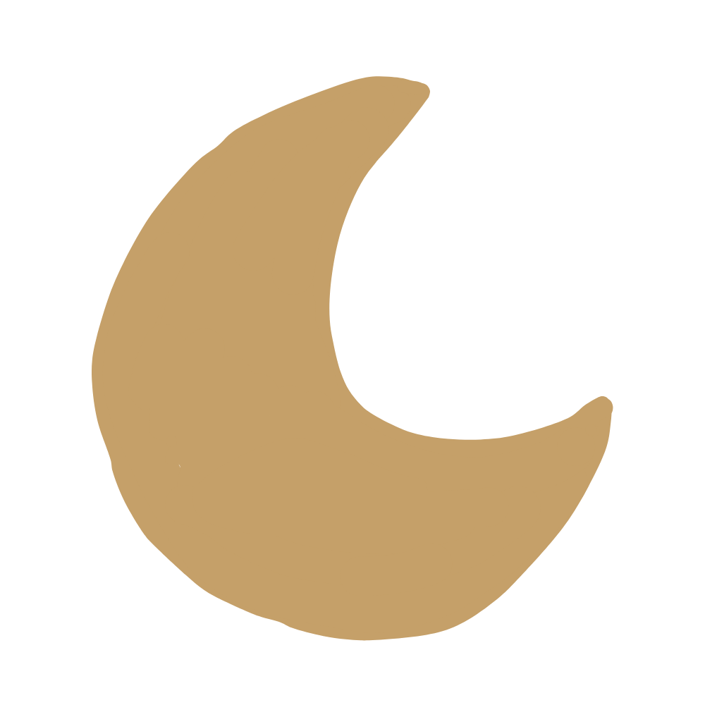 A stylized cartoon crescent moon in beige color on a black background.