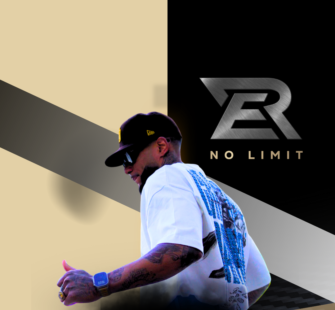 A young man wearing a black cap, sunglasses, and a white shirt with a blue graphic, standing against a background divided into black and beige sections with a logo and the words "NO LIMIT".