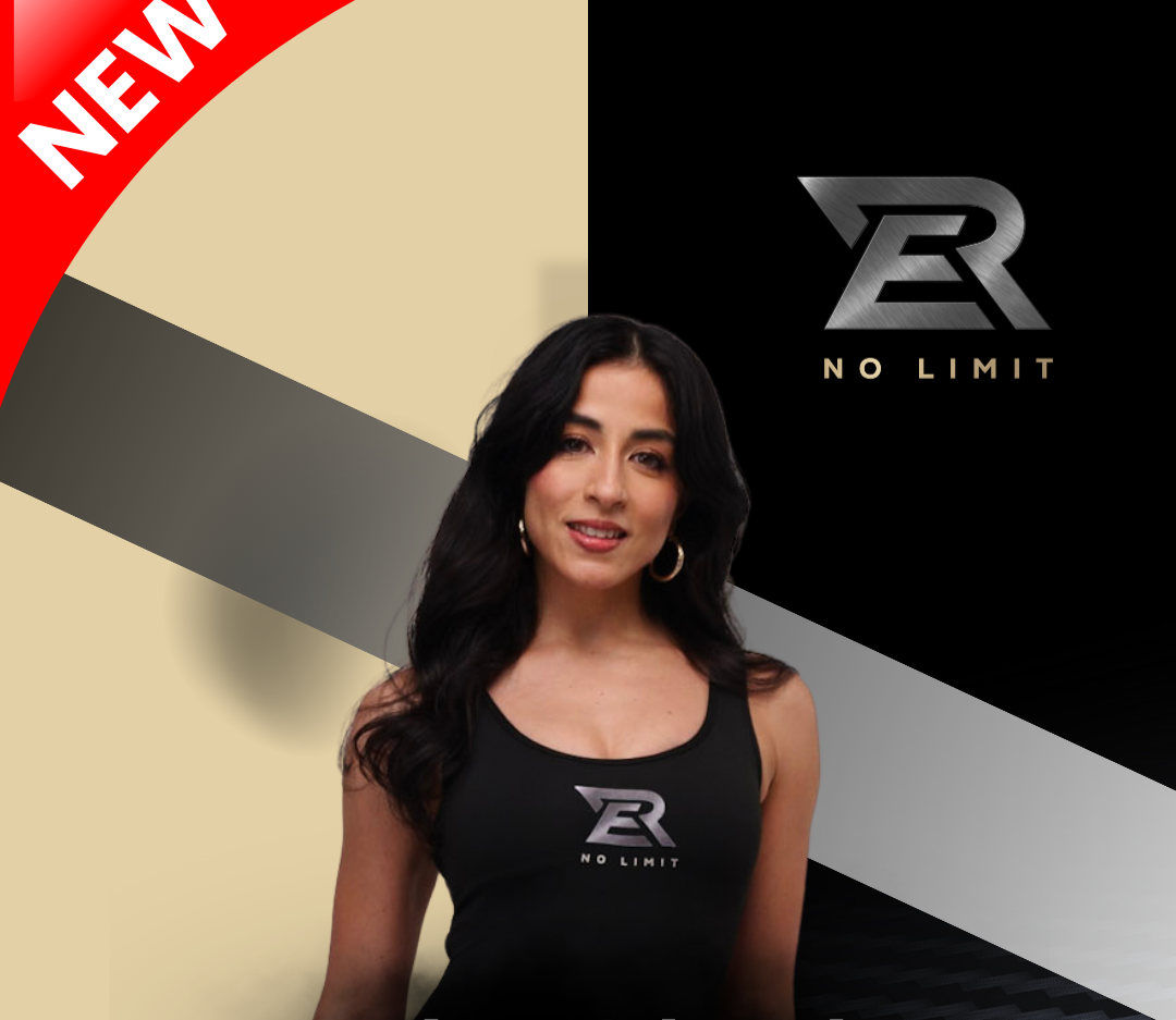 A woman wearing a black tank top with a logo and the words "NO LIMIT" on it, standing in front of a split background with a black section displaying the same logo and an off-white section. There is a red banner with the word "NEW" in white at the top left corner.