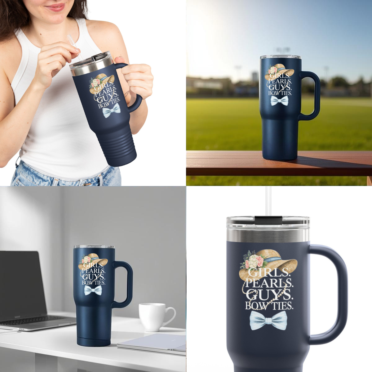 “Girls. Pearls. Guys. Bow Ties.” Navy Blooms in Spring Tumbler