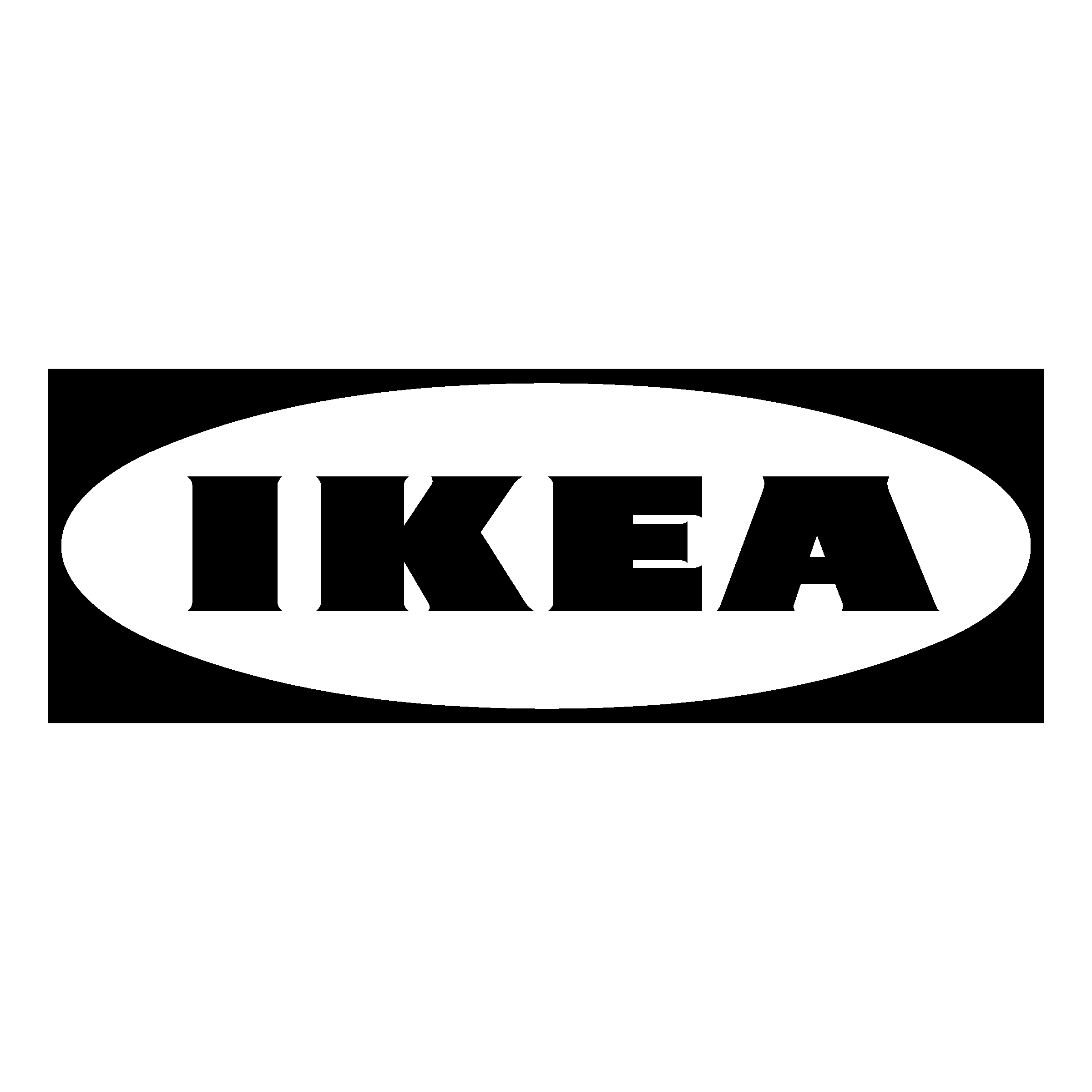 Black and white logo with the word 'IKEA' in bold letters inside a white oval on a black background.
