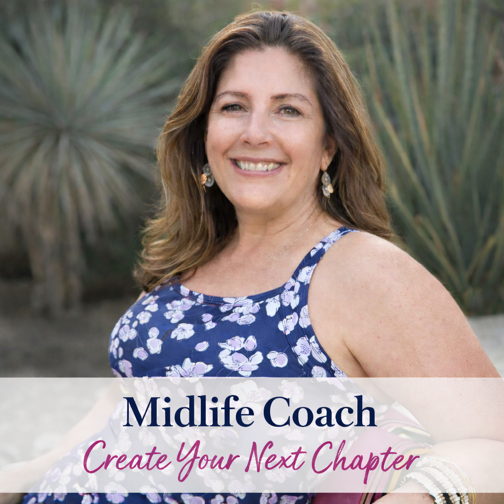 A smiling woman with brown hair, wearing a blue floral dress and earrings, outdoors with desert plants in the background. Text overlay reading 'Midlife Coach Create Your Next Chapter'.
