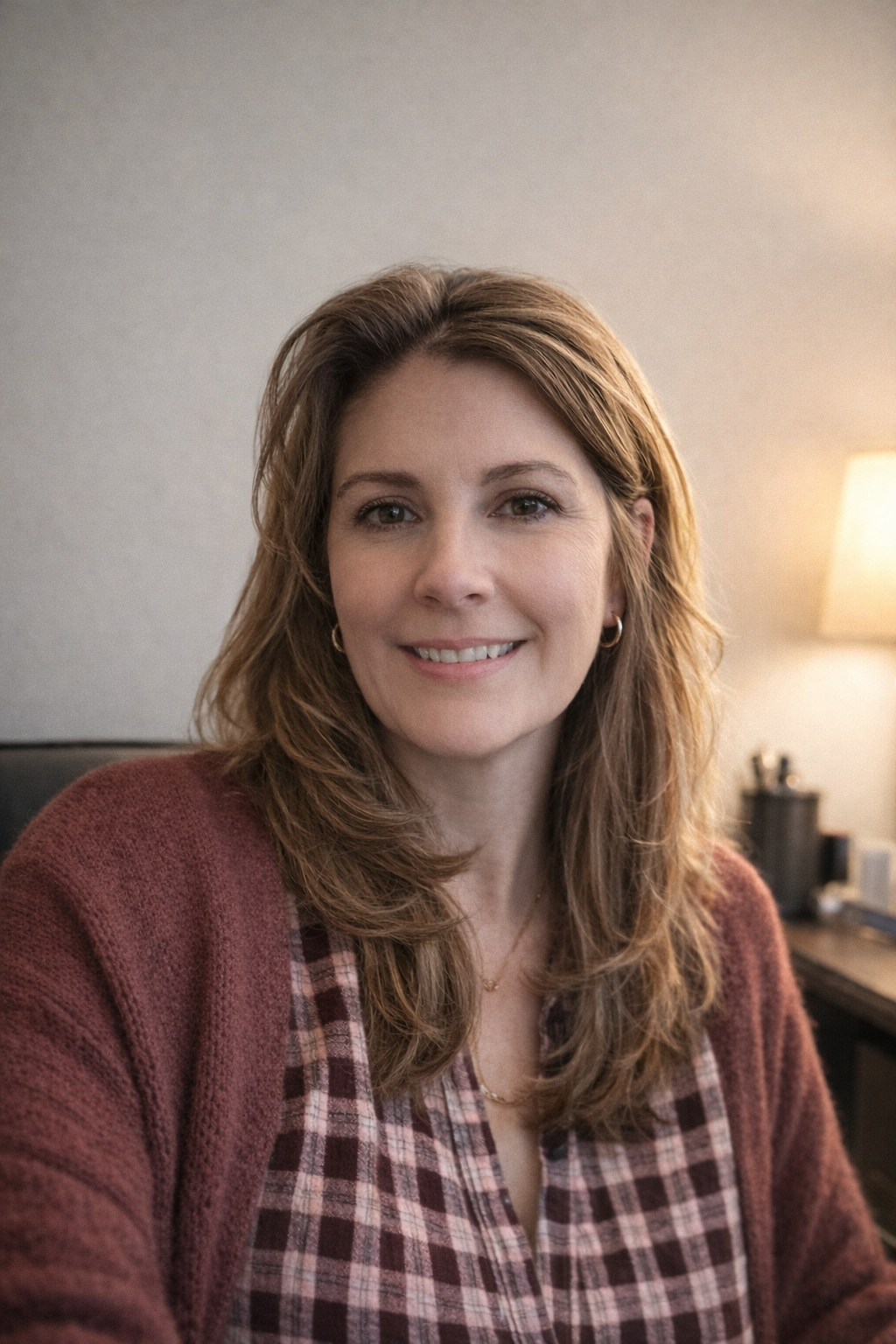 Smiling woman with wavy brown hair wearing a plaid shirt and maroon cardigan, sitting indoors with a neutral background and a lit lamp to her right.