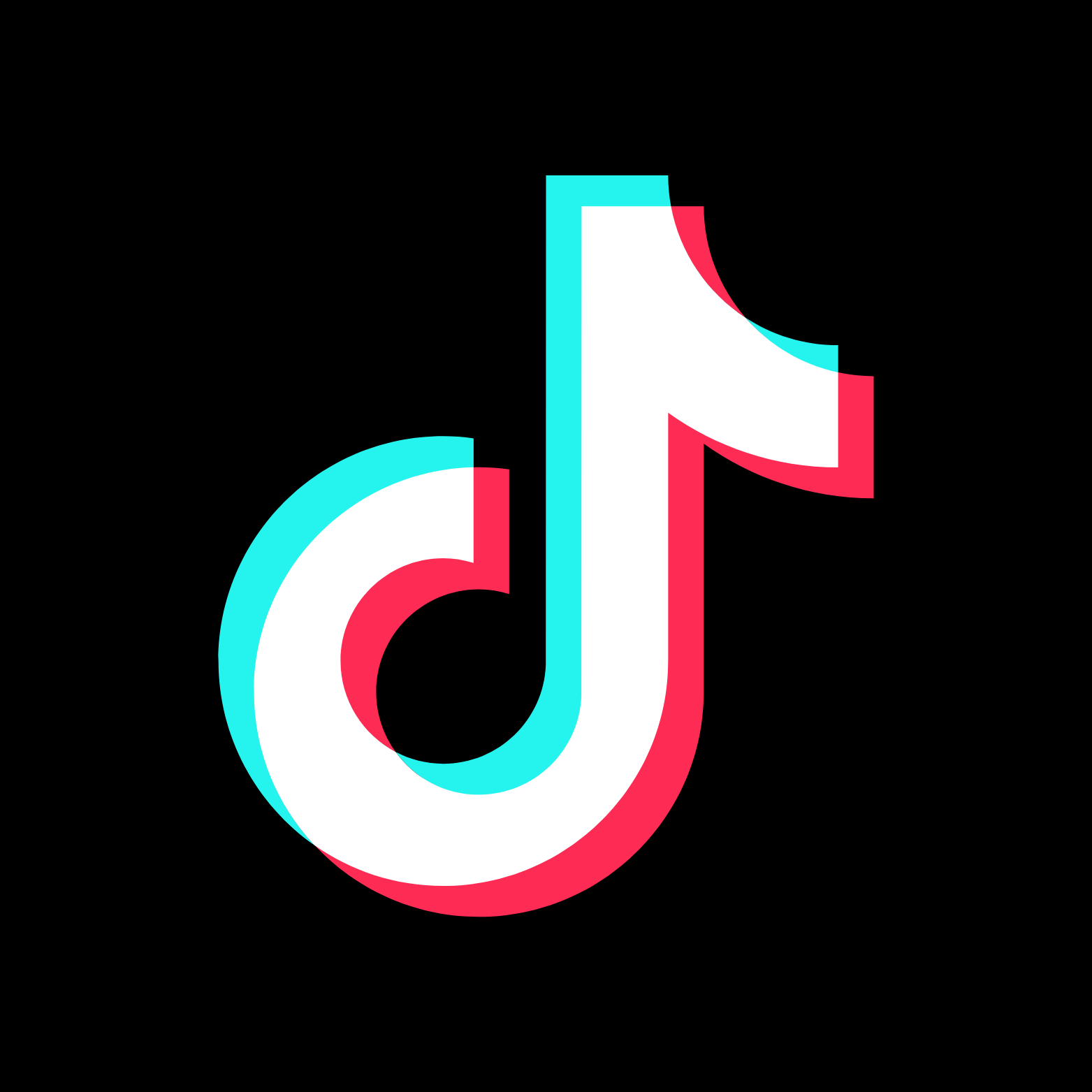 TikTok logo with a black background, featuring a stylized musical note in blue, white, and pink.