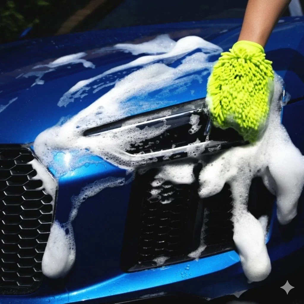 A person wearing a yellow microfiber glove washes the front of a blue car with soap and foam.