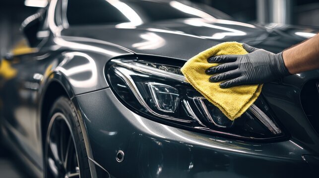 A person wearing black gloves is polishing the front headlight of a gray luxury car with a yellow cloth in a garage.
