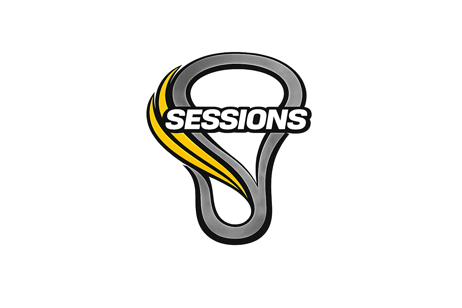 A logo for sessions featuring a stylized lacrosse head shape with yellow lines and the word 'SESSIONS' in bold white letters.