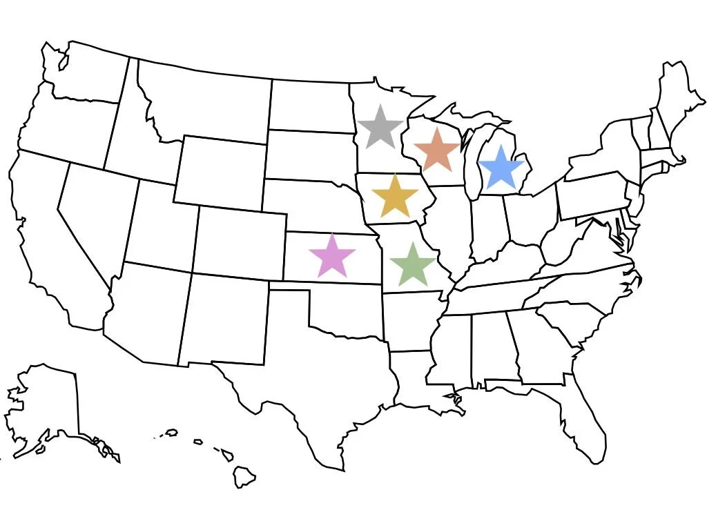 Colorful stars marking select states on a blank map of the United States.
