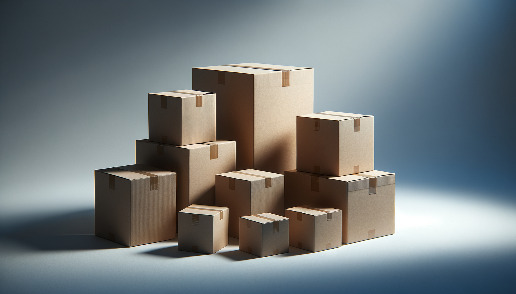 Several cardboard boxes of various sizes stacked on a neutral background.