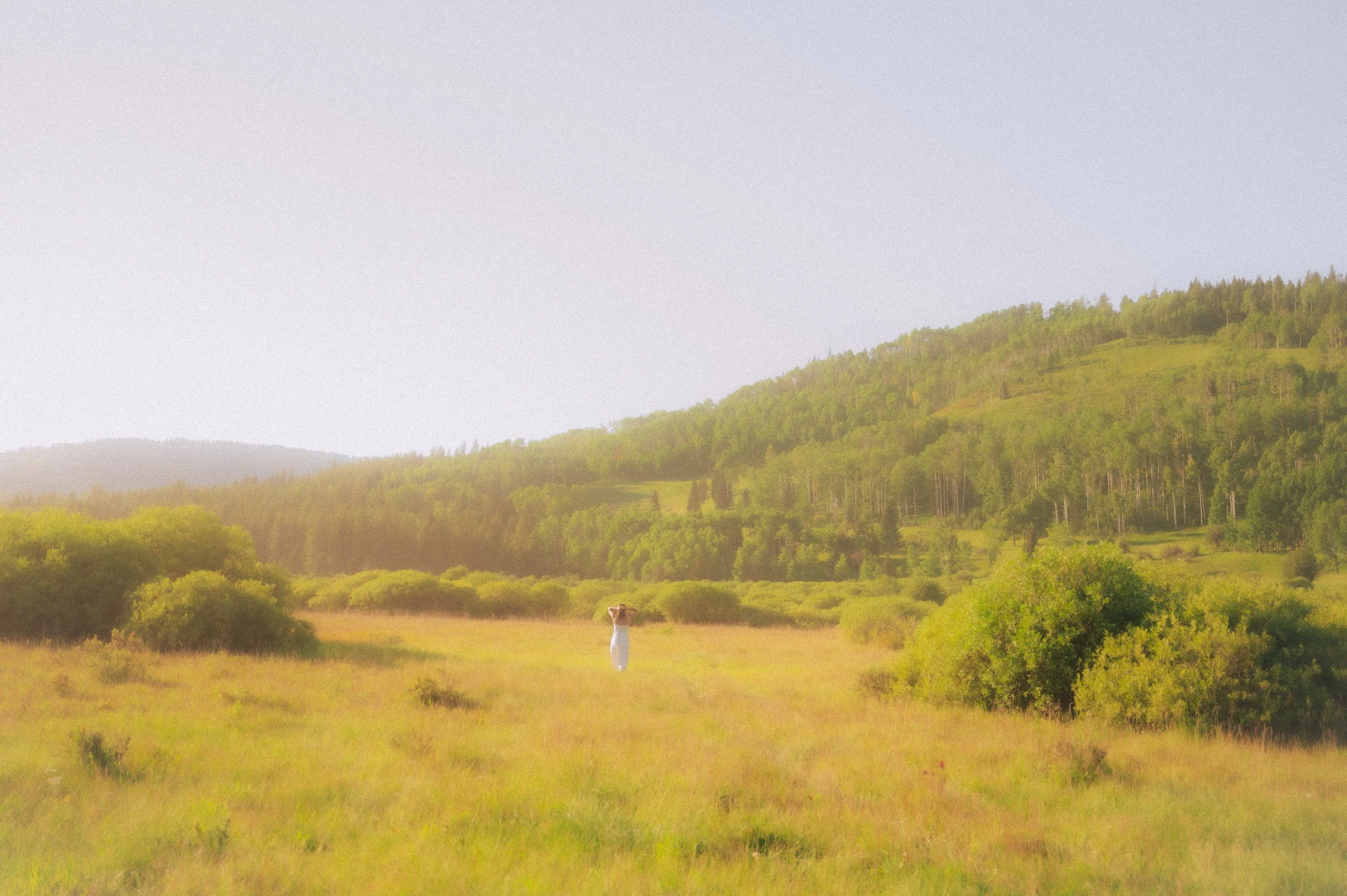 A grassy meadow with a woman in a white dress standing in the center, surrounded by rolling hills covered with trees in the background, under a clear sky.