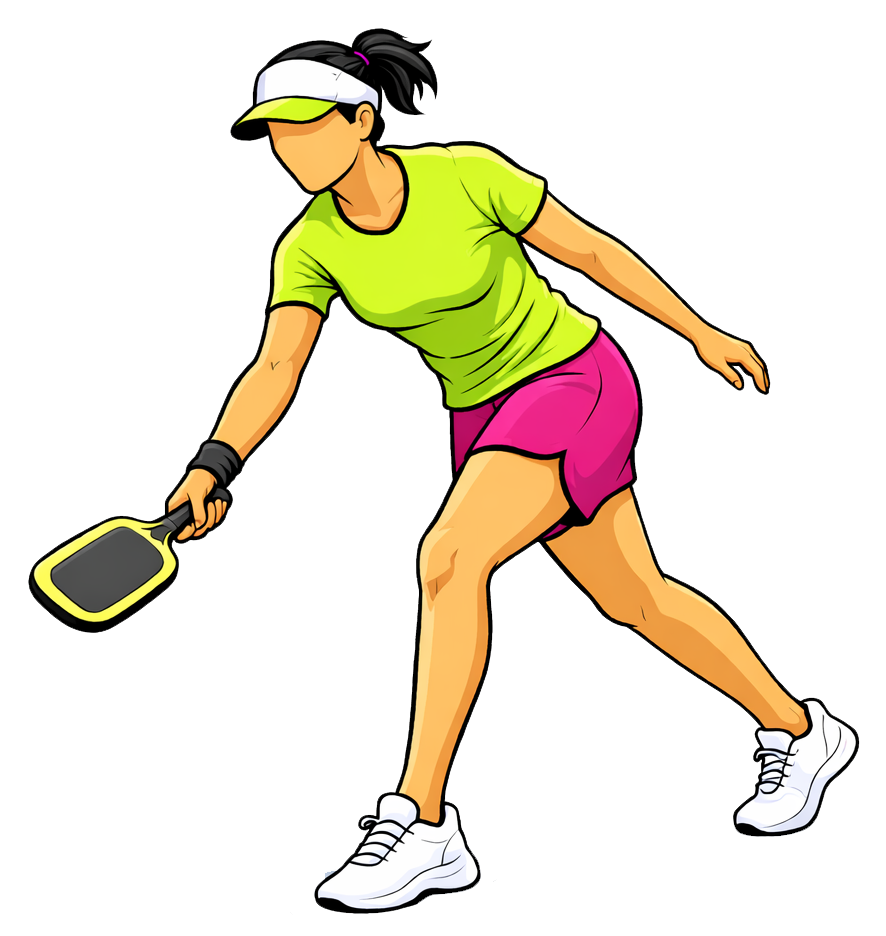 Illustration of a female pickleball player with a visor, wearing a lime green shirt and pink shorts, holding a tennis racket, in a lunging stance.