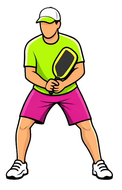 Illustration of a young man in neon green and hot pink pickleball attire holding a tennis racket, standing in a ready position.