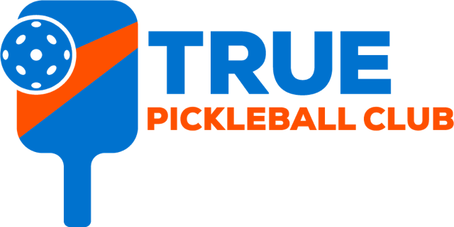 Logo of True Pickleball Club featuring a pickleball paddle and ball with the text 'True Pickleball Club' in blue and orange.