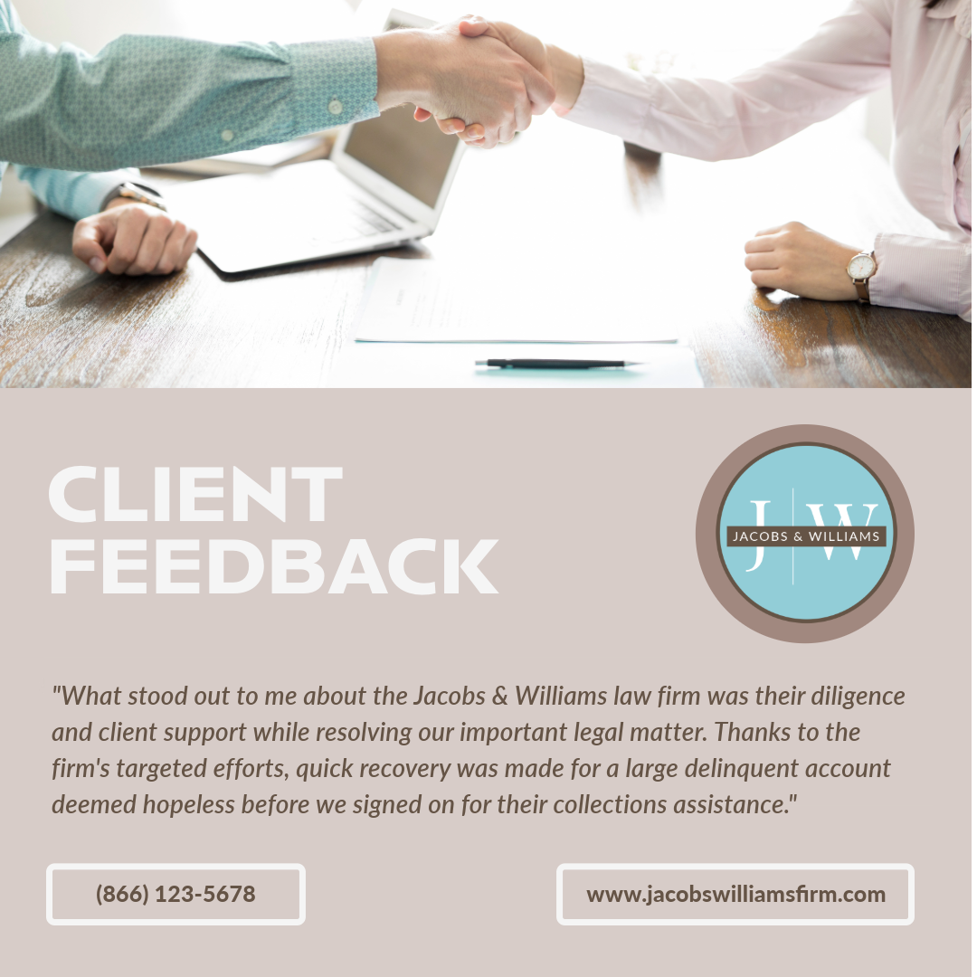 Business meeting with two individuals shaking hands over a document, with a laptop on a wooden table. The lower part displays a client feedback message for Jacobs & Williams law firm, their logo, contact number, and website.