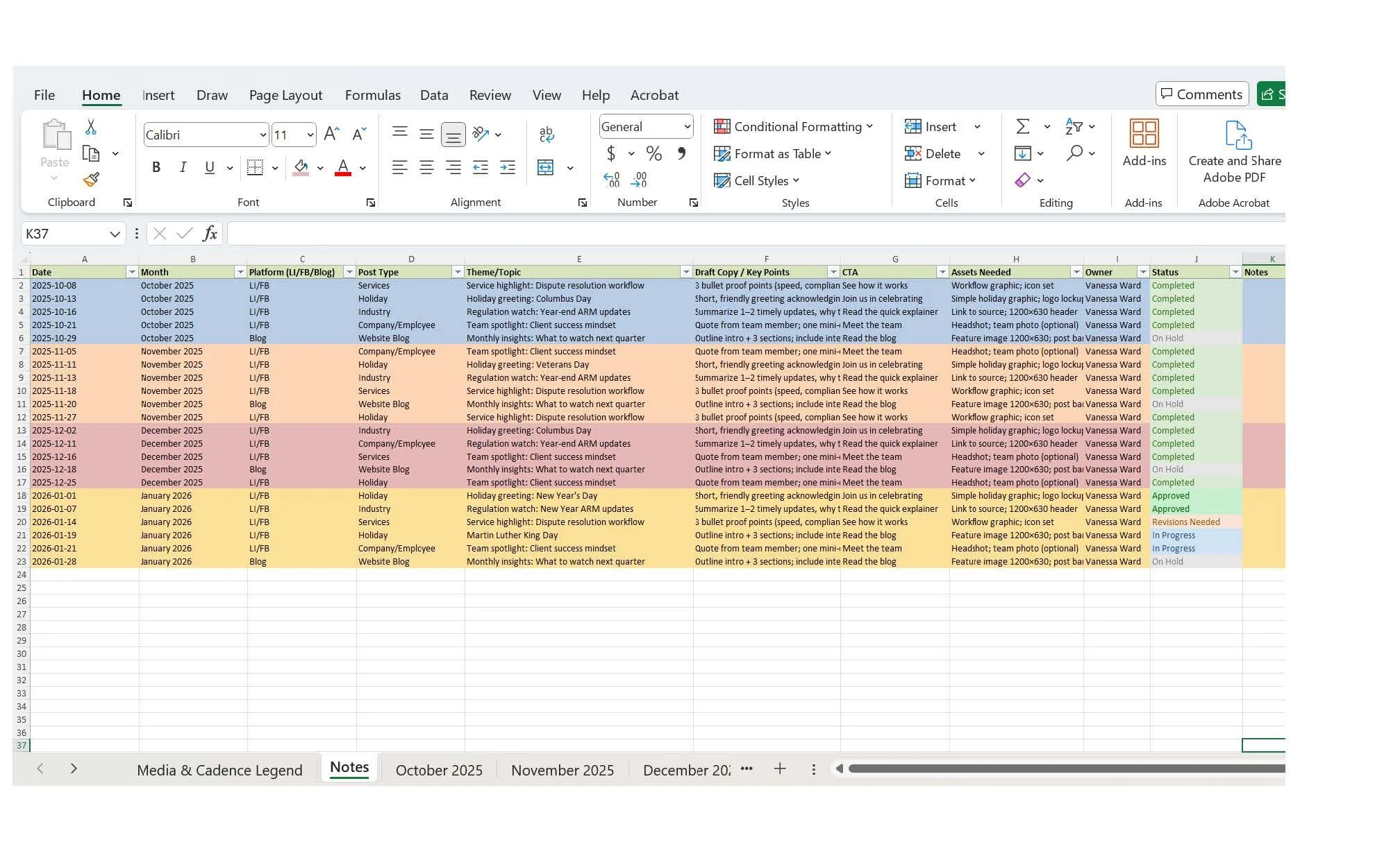A detailed spreadsheet with multiple columns listing content topics such as services, holiday posts, employee updates, company blogs, and industry insights. It includes columns for themes, draft copy or key points, call to action, assets needed, owner, status, and notes, organized by month and platform.